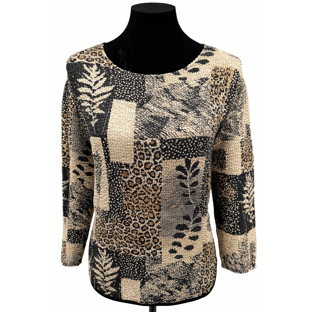 Flair Womens Pullover Scoop Neck Crinkle Top Large Color-Block Leaf Print Knit